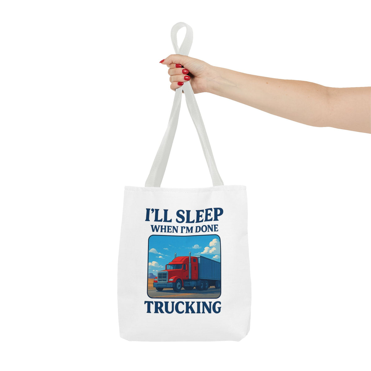 Black truck driver tote bag with "I'll Sleep When I'm Done" print, made by Printify, ideal for truckers and travel.