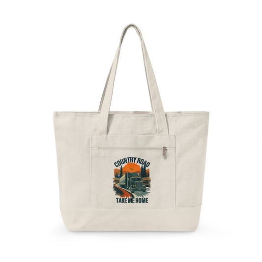 Black canvas tote bag with vintage truck and "Country Roads Take Me Home" design, perfect for casual carrying.