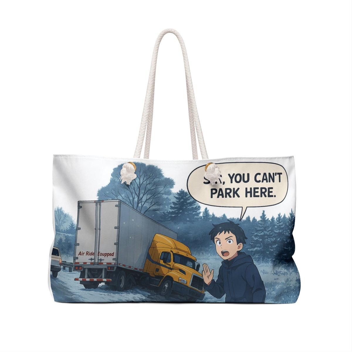Fun truck-themed weekender bag by Printify, designed for road trips and adventures, featuring a playful "Sir, You Can't Park Here" design.