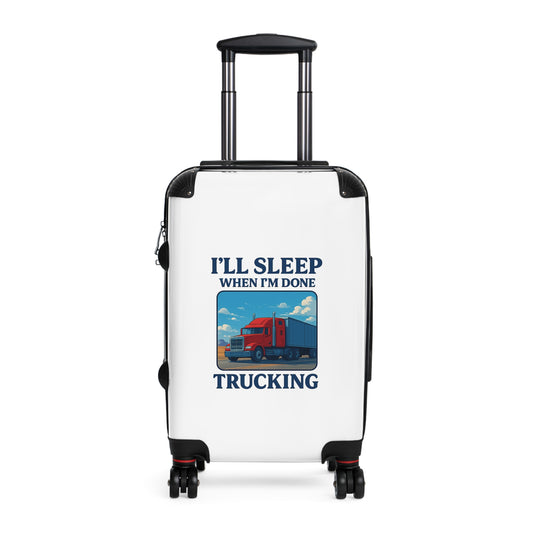 Black truck driver suitcase with "I'll Sleep When I'm Done" print, durable travel luggage bag for road trips and travel.
