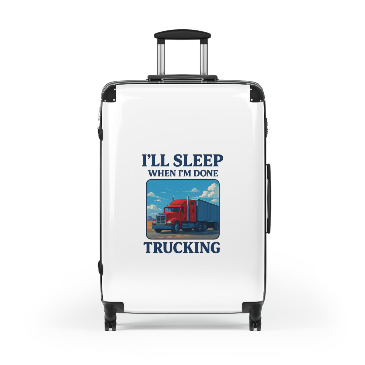 Black truck driver suitcase with "I'll Sleep When I'm Done" print, compact travel luggage by Printify for durable carrying.