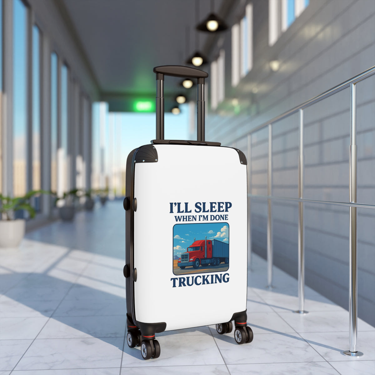 Black truck driver suitcase by Printify featuring "I'll Sleep When I'm Done" travel luggage design, compact and durable for travel.