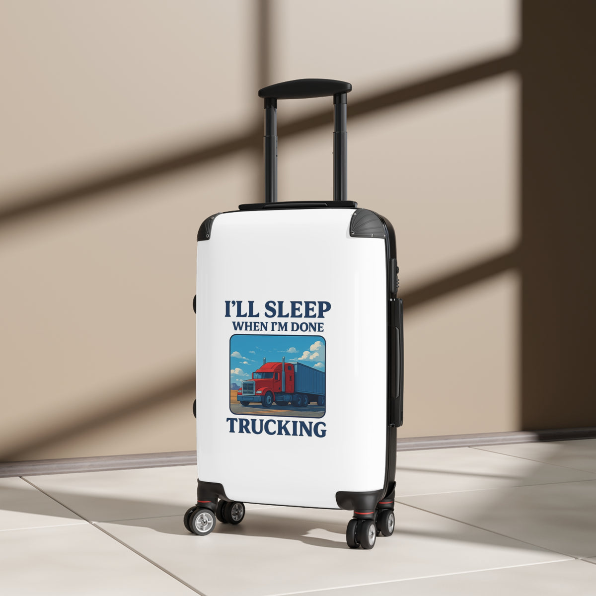 Small black truck driver suitcase by Printify with "I'll Sleep When I'm Done" travel luggage design, ideal for travel and storage.