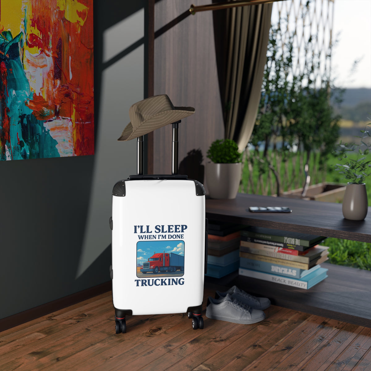Black truck driver suitcase by Printify featuring "I'll Sleep When I'm Done" travel luggage design, compact and durable for travelers.