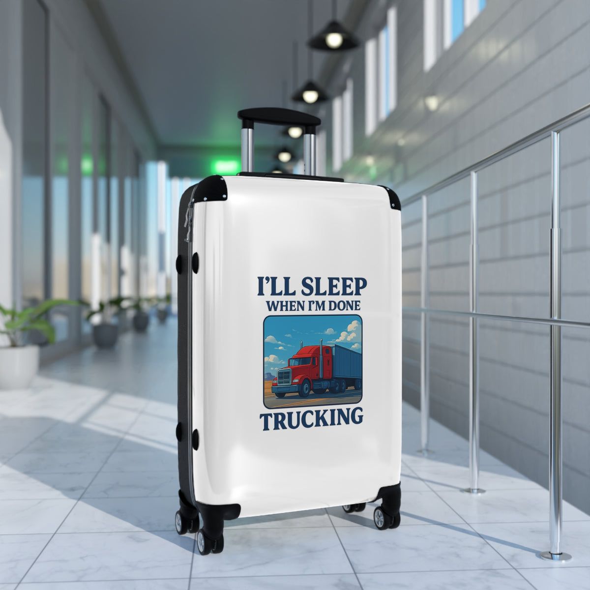 Black truck driver suitcase from Printify featuring "I'll Sleep When I'm Done" travel luggage design, durable bag for travel.