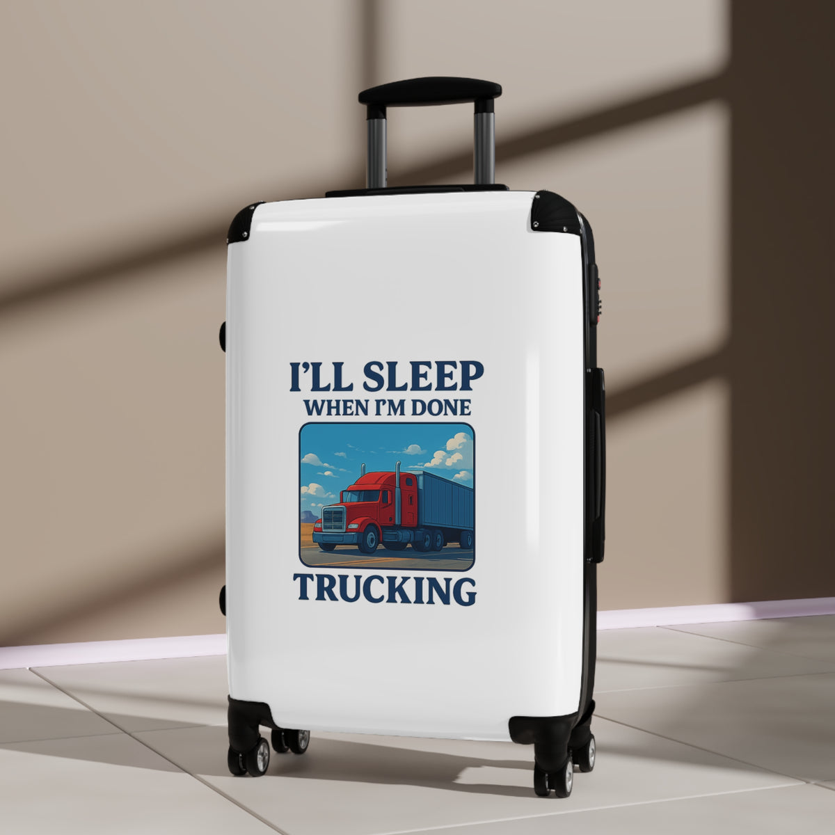 Black truck driver suitcase by Printify featuring "I'll Sleep When I'm Done" travel luggage design, compact and durable travel bag.