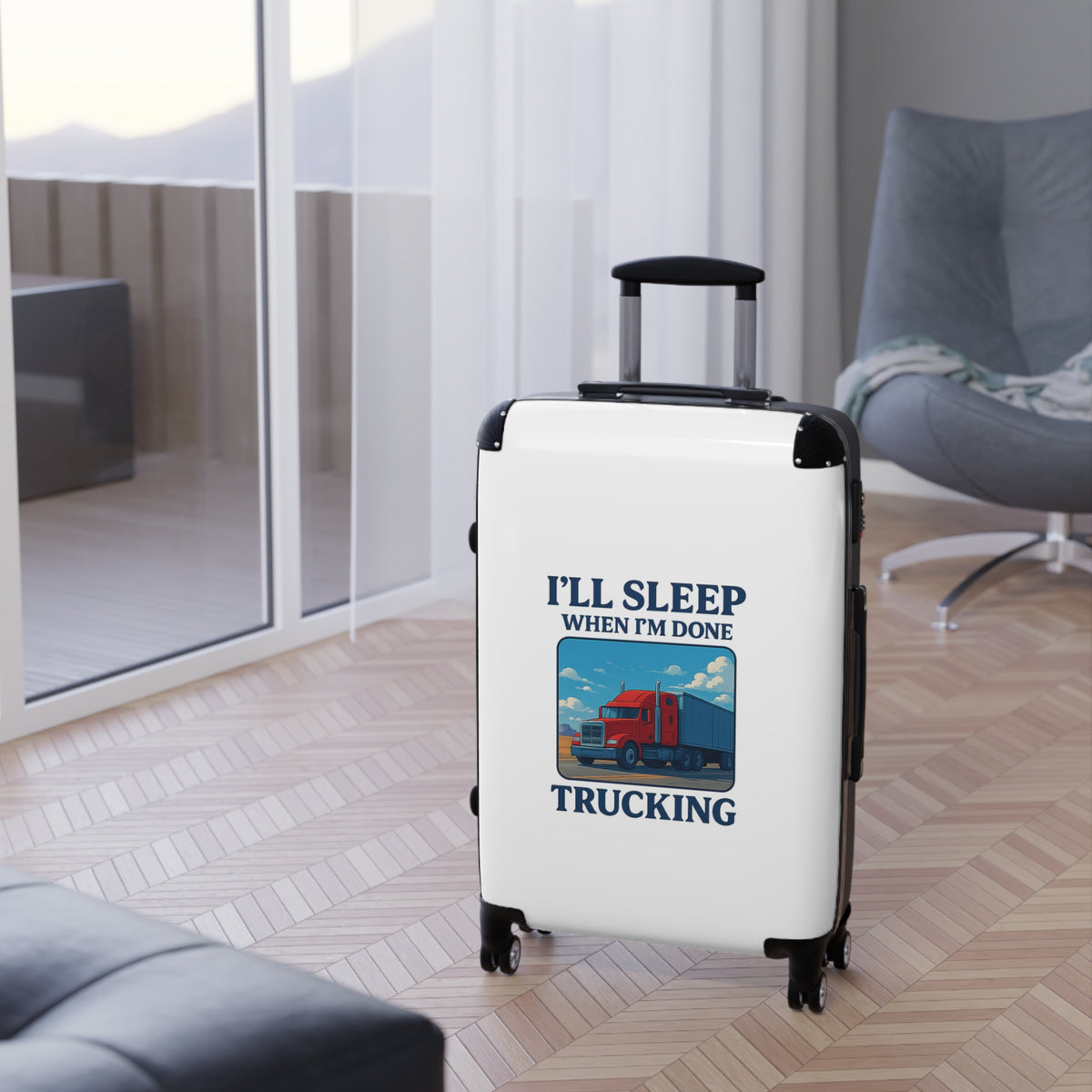 Small black truck driver suitcase with "I'll Sleep When I'm Done" print, designed for travel luggage by Printify.