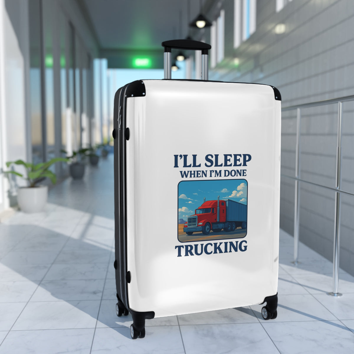 Small black truck driver suitcase from Printify with "I'll Sleep When I'm Done" travel luggage design, durable travel bag for drivers.