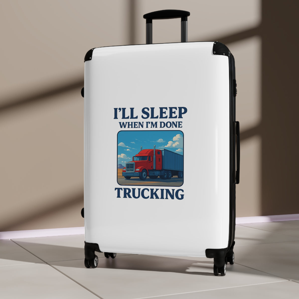 Black truck driver suitcase with "I'll Sleep When I'm Done" print, compact travel luggage bag from Printify.