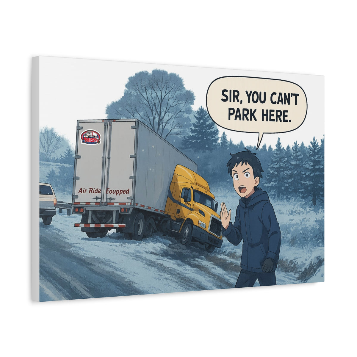 Humorous art print on canvas featuring a parking warning sign with the text "Sir, You Can't Park Here" in a horizontal wall decor style.