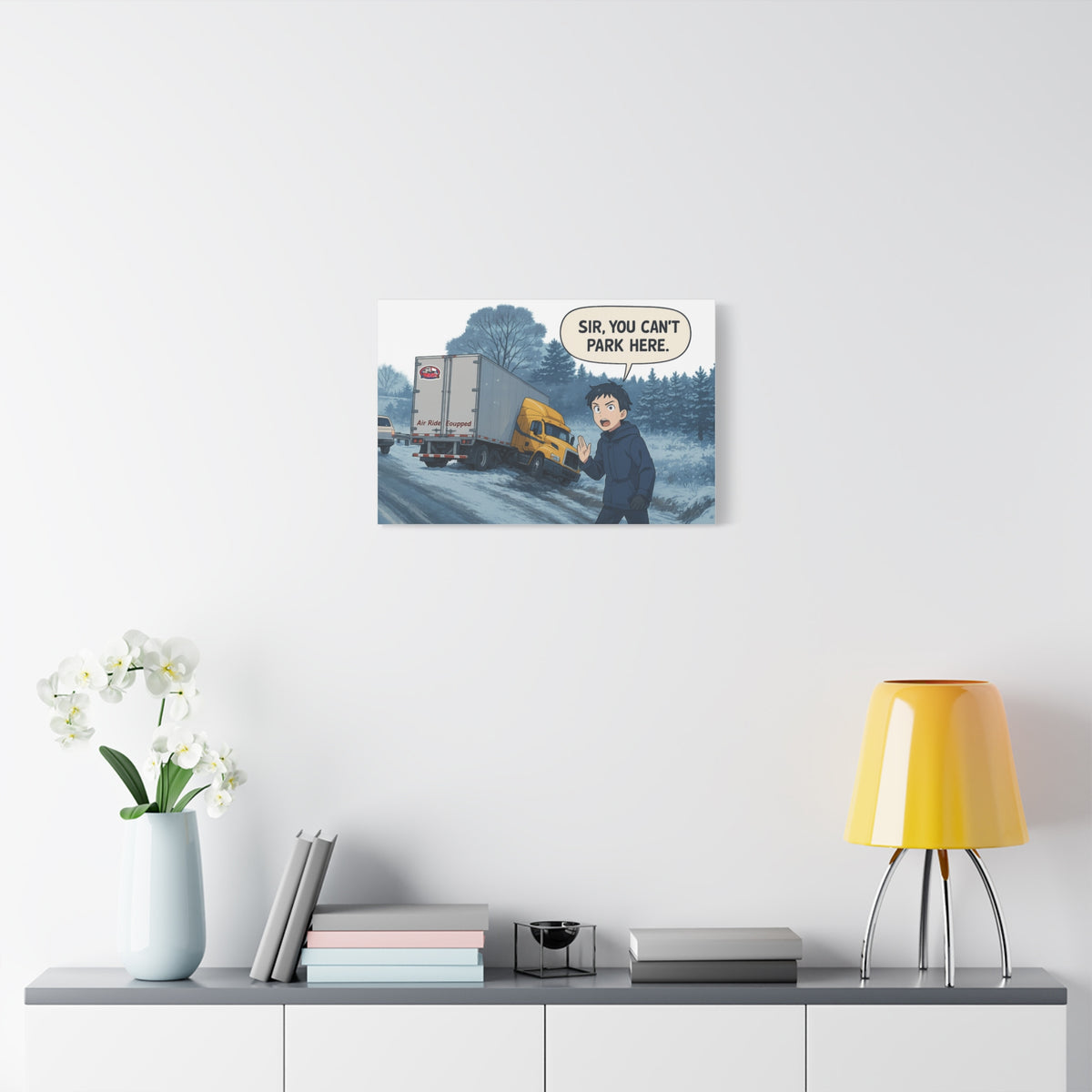 Humorous art print on canvas featuring 'Sir, You Can't Park Here' message, wall decor with humorous parking sign design.