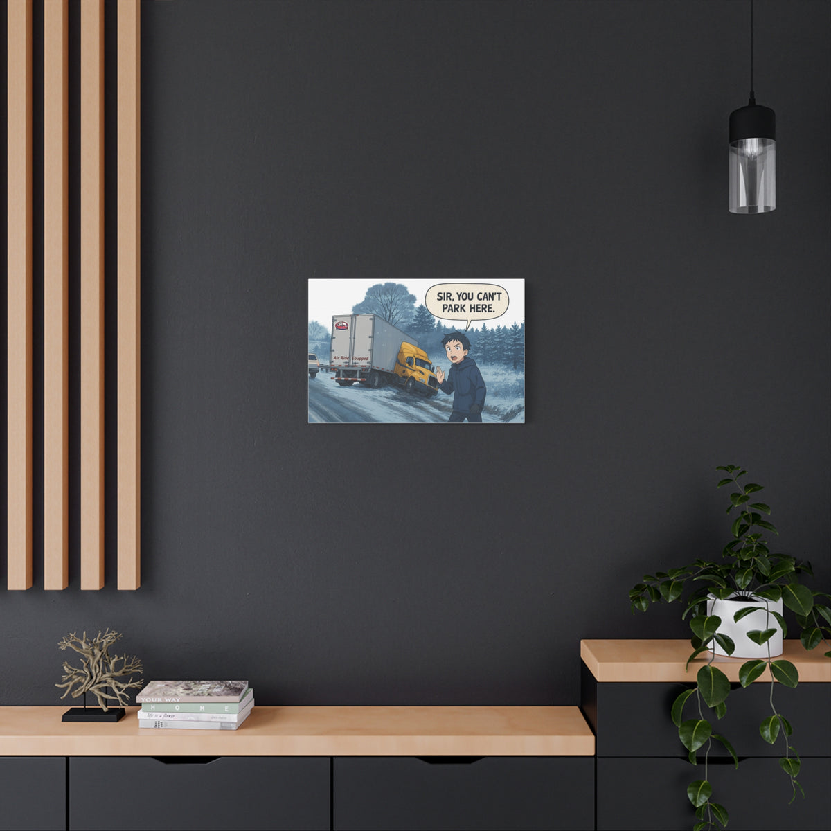 Humorous art print on canvas featuring the phrase "Sir, You Can't Park Here" with a horizontal 24x16 inch Printify wall decor.