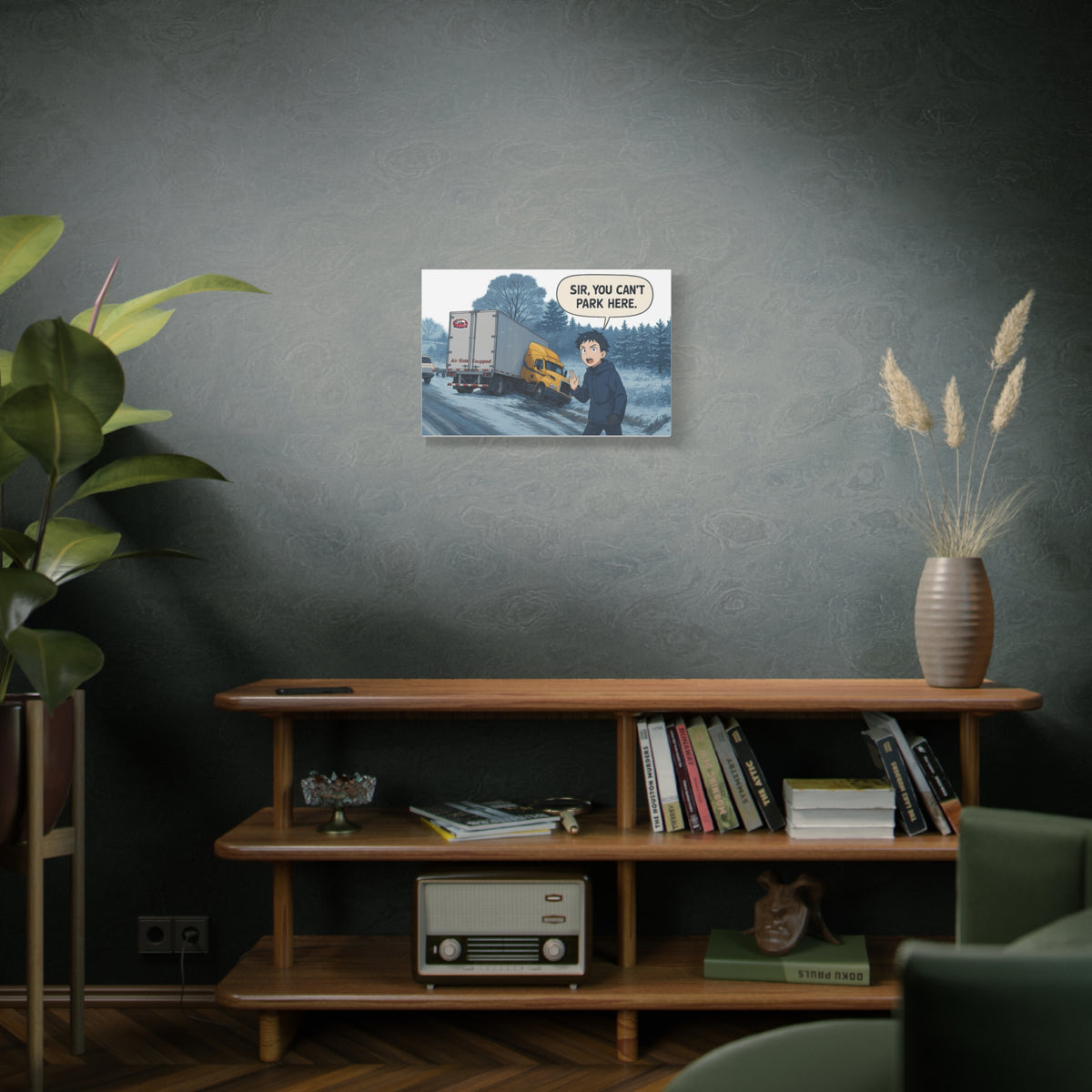Humorous art print on canvas featuring 'Sir, You Can't Park Here' message, wall decor with a horizontal design by Printify.