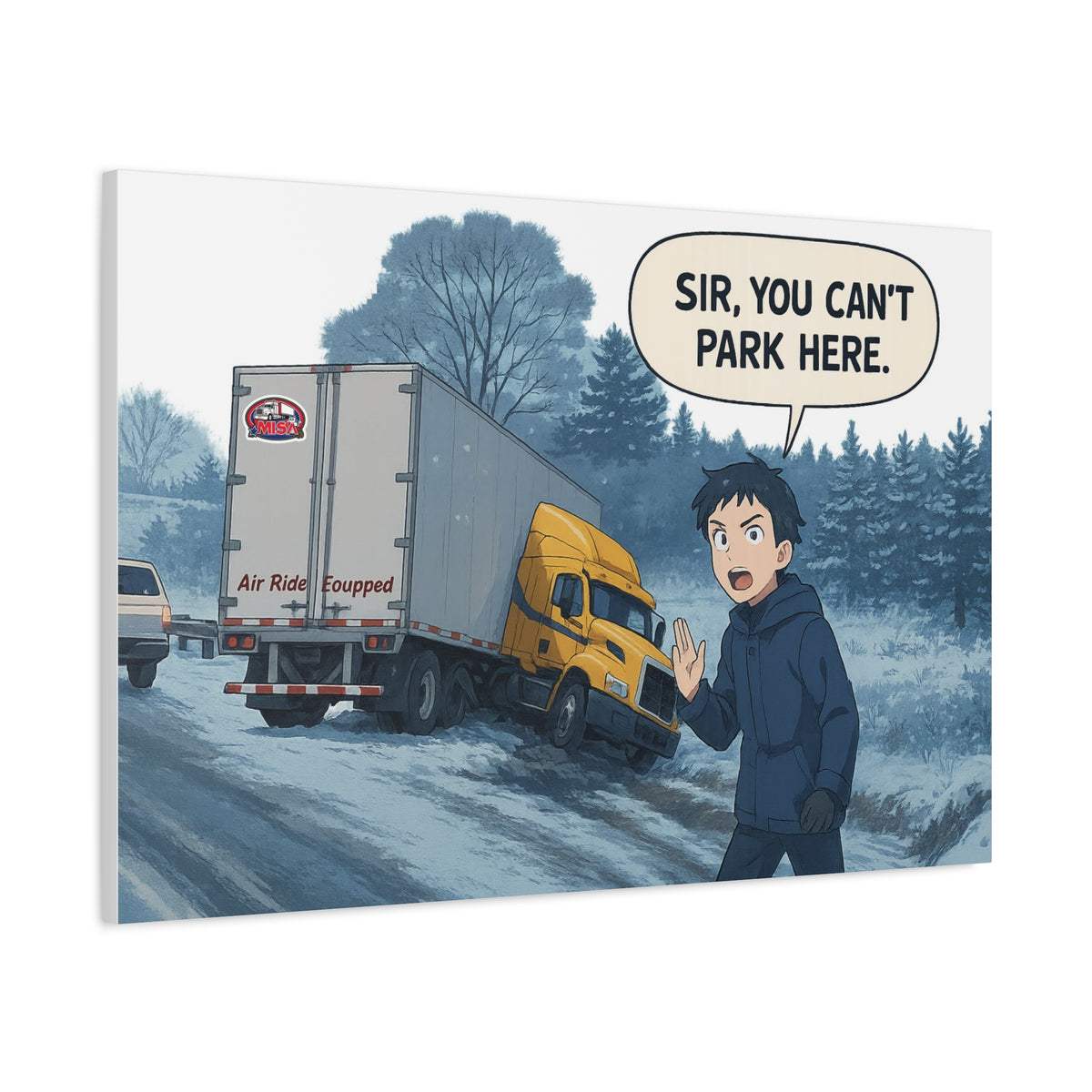 Humorous canvas wall decor featuring the phrase "Sir, You Can't Park Here" with a horizontal print on a 24x16 inch canvas.