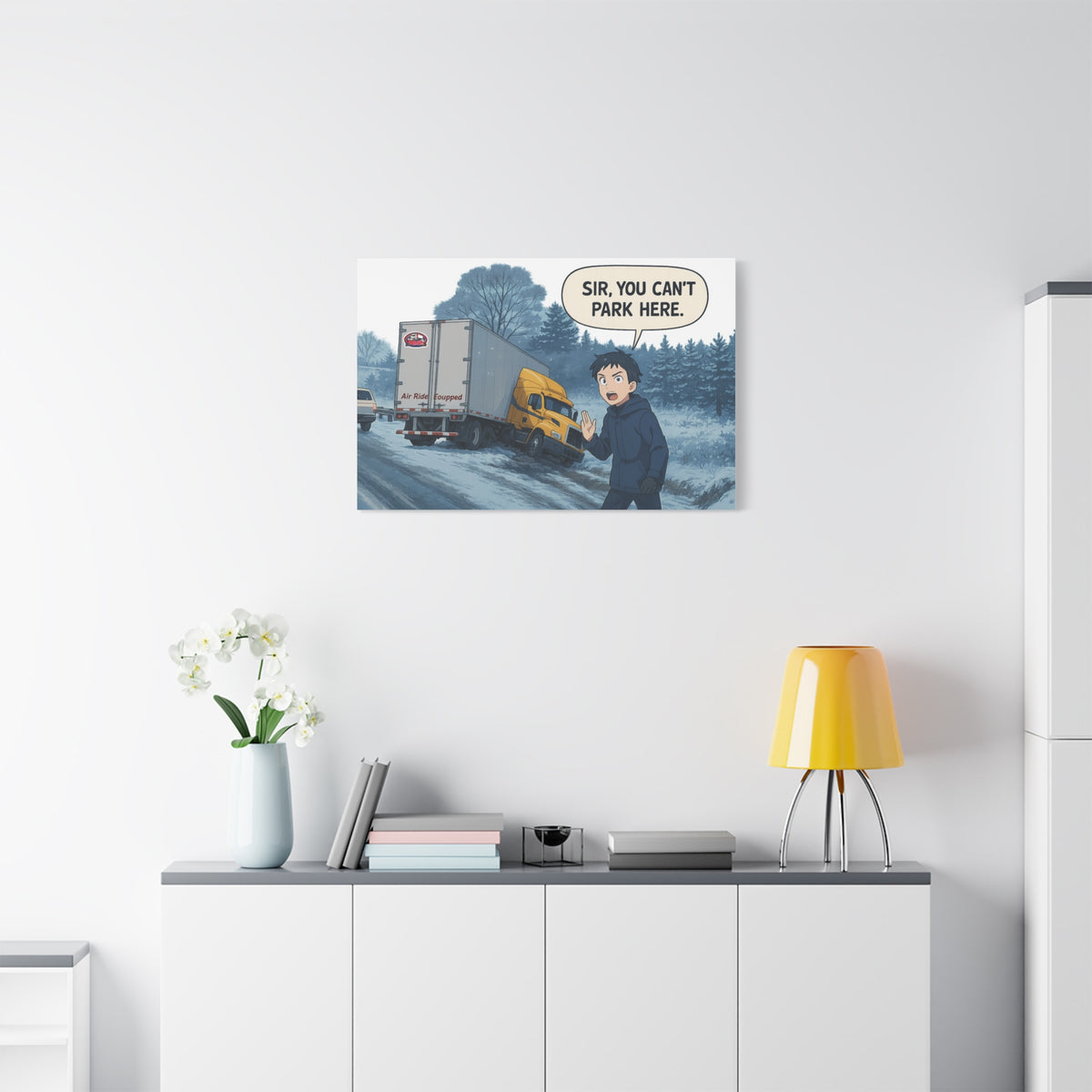 Humorous canvas wall decor with "Sir, You Can't Park Here" text, featuring a horizontal Printify art print on a 24x16 inch canvas.