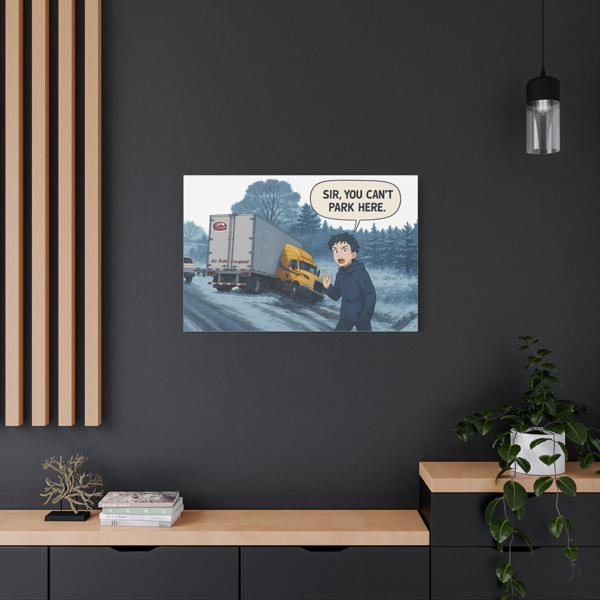 Humorous canvas wall decor featuring 'Sir, You Can't Park Here' message, horizontal print with black text on white background.