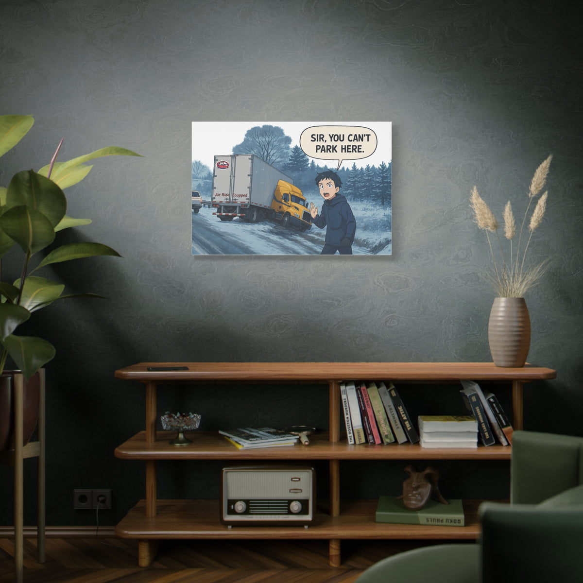 Humorous art print on canvas with 'Sir, You Can't Park Here' message, featuring a horizontal wall decor design by Printify.