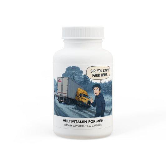 White bottle of Printify multivitamin for men supplement with 60 vegetable capsules, unflavored, in a food supplement container.