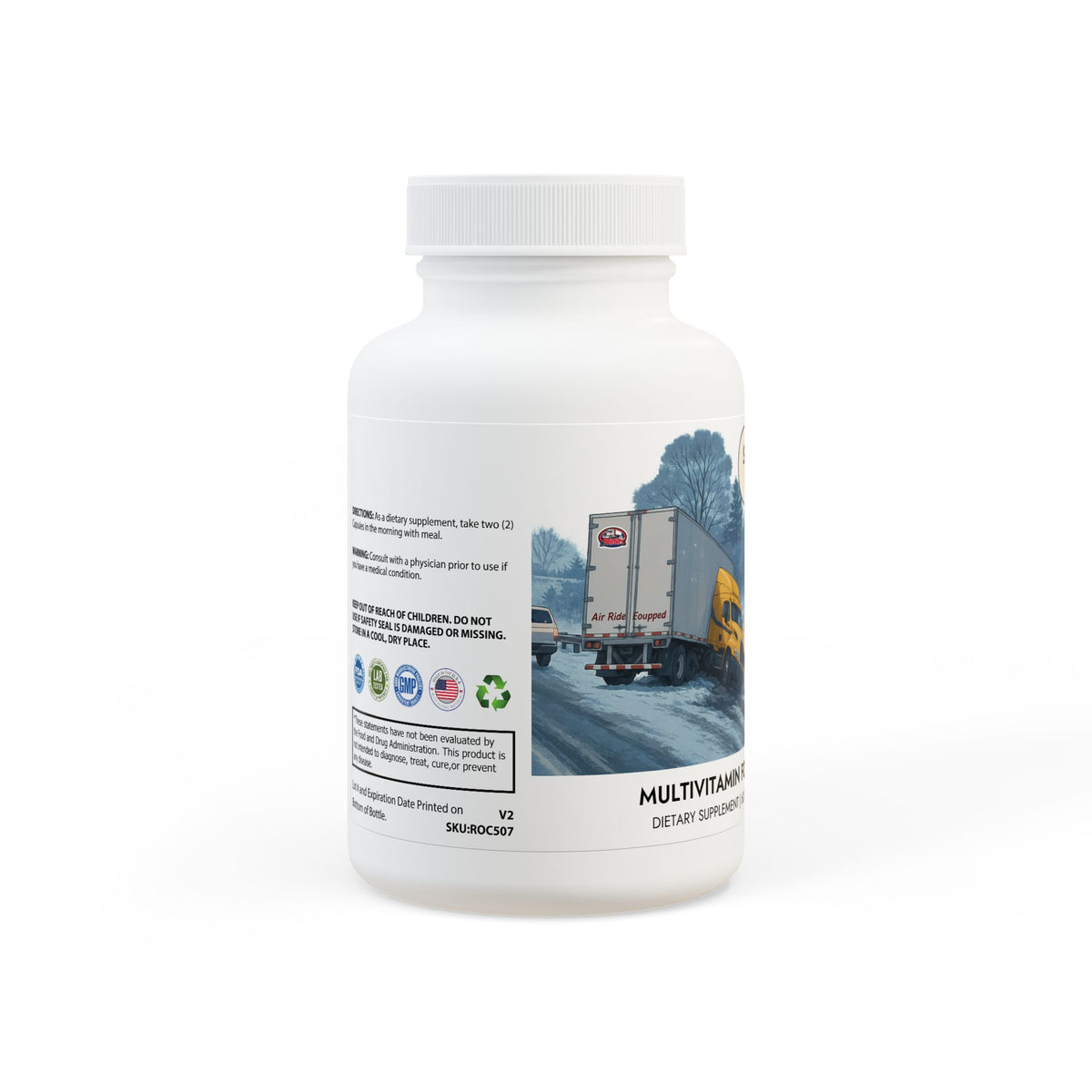 White bottle of Printify multivitamin for men supplement with 60 vegetable capsules, labeled as food supplement.
