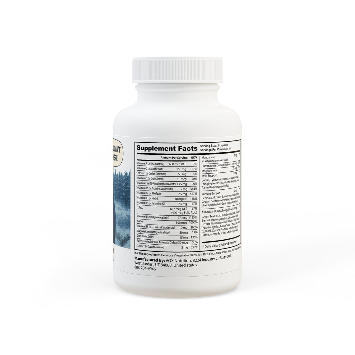 White bottle of Printify multivitamin for men supplement with 60 unflavored vegetable capsules, food supplement for daily health support.