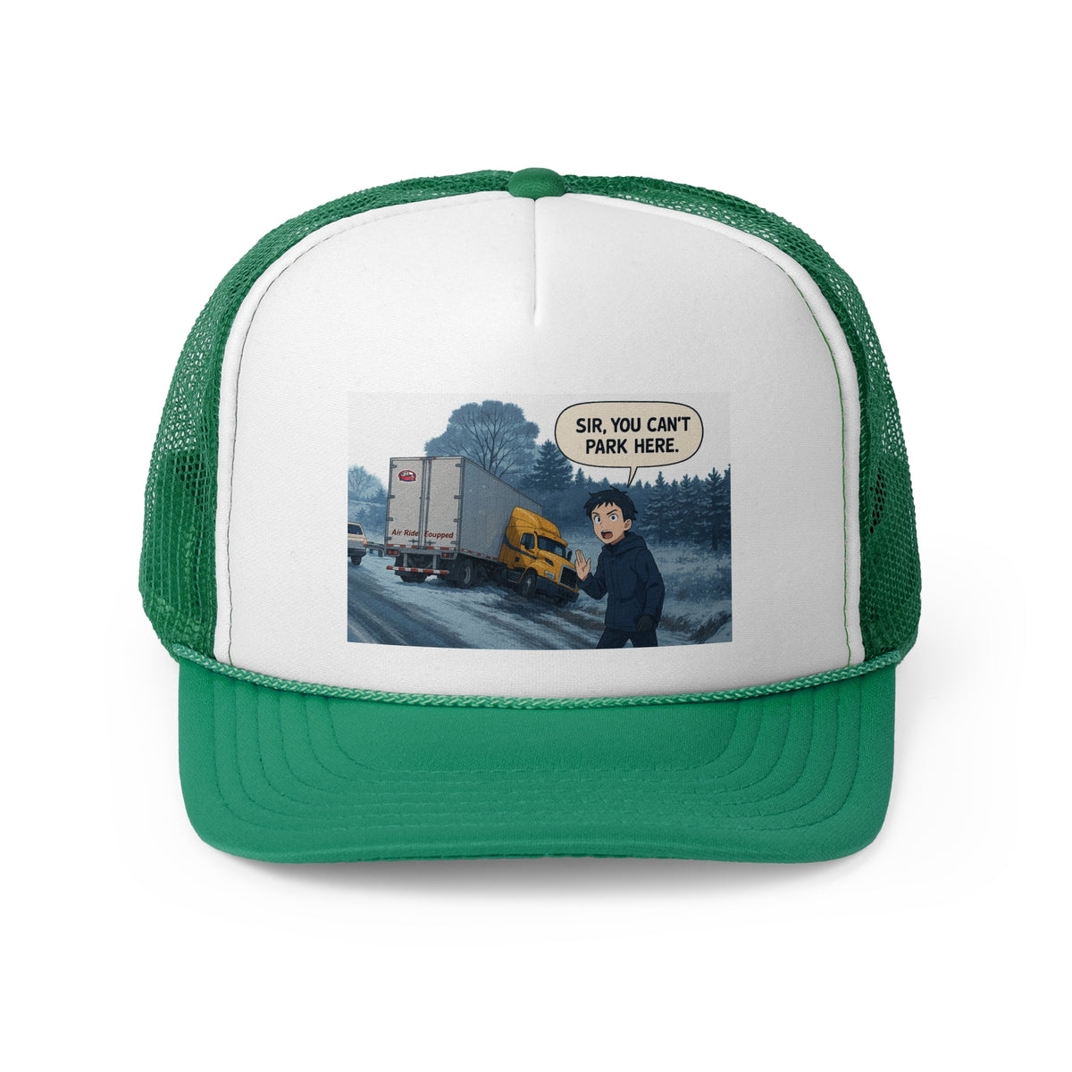 Black trucker cap with humorous "Sir, You Can't Park Here" slogan, designed for truck enthusiasts, by Printify.