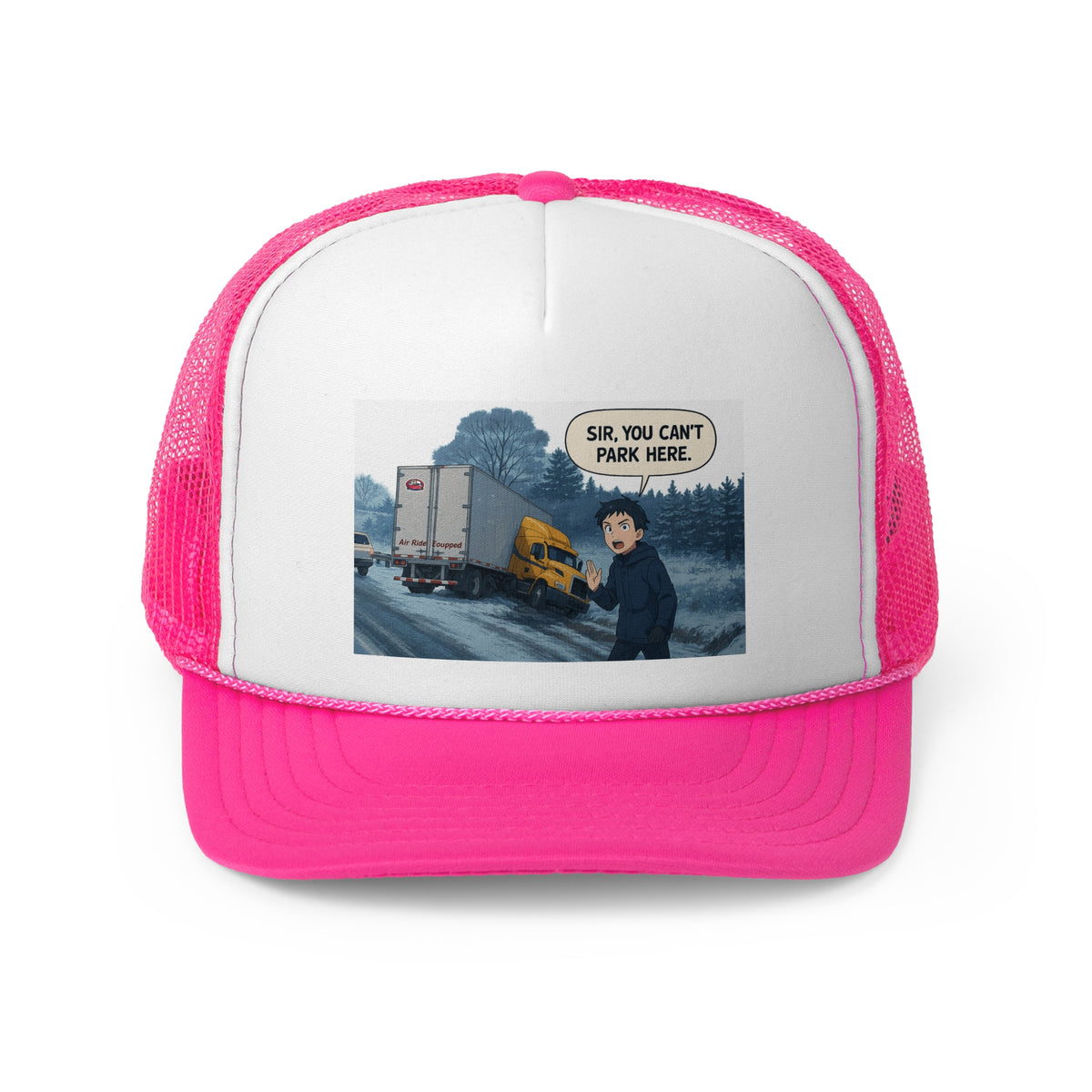 Black trucker cap with humorous "Sir, You Can't Park Here" slogan, featuring a mesh back and adjustable strap for truck lovers.