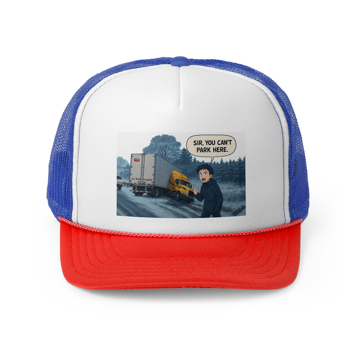 Black trucker cap with humorous "Sir, You Can't Park Here" slogan, featuring adjustable fit and classic mesh back for truck lovers.