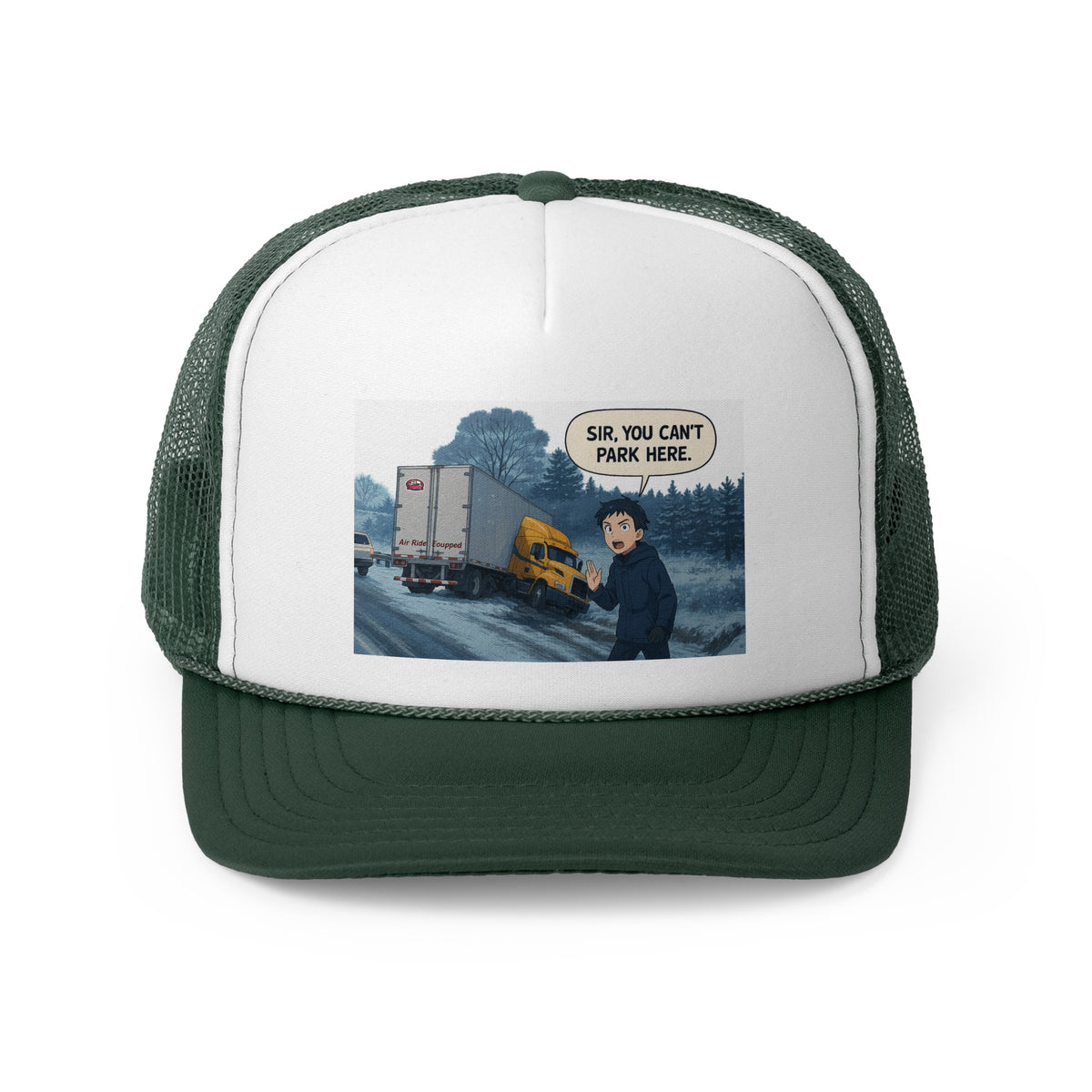 Black trucker hat with humorous "Sir, You Can't Park Here" slogan, designed for truck lovers, by Printify.