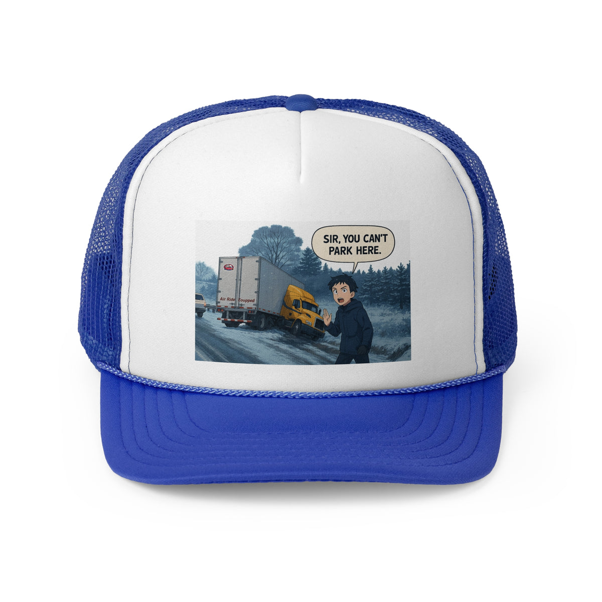 Black funny trucker cap with "Sir, You Can't Park Here" slogan, designed for truck lovers, by Printify.