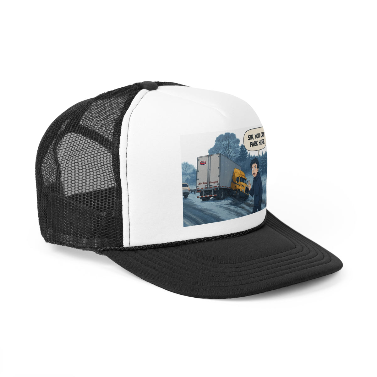 Black trucker cap with humorous "Sir, You Can't Park Here" slogan, designed for truck enthusiasts.