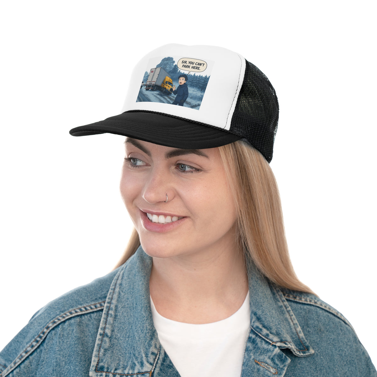 Black funny trucker cap with "Sir, You Can't Park Here" slogan, designed for truck lovers, by Printify.