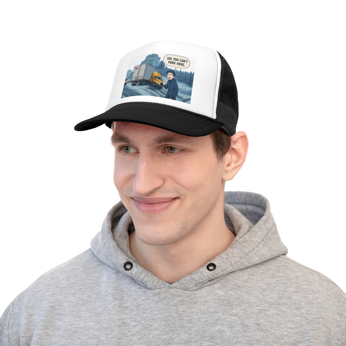 Black trucker hat with humorous "Sir, You Can't Park Here" slogan, designed for truck enthusiasts, by Printify.