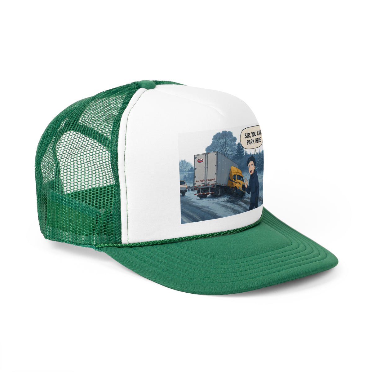 Black trucker cap with humorous "Sir, You Can't Park Here" print, designed for truck lovers, by Printify.