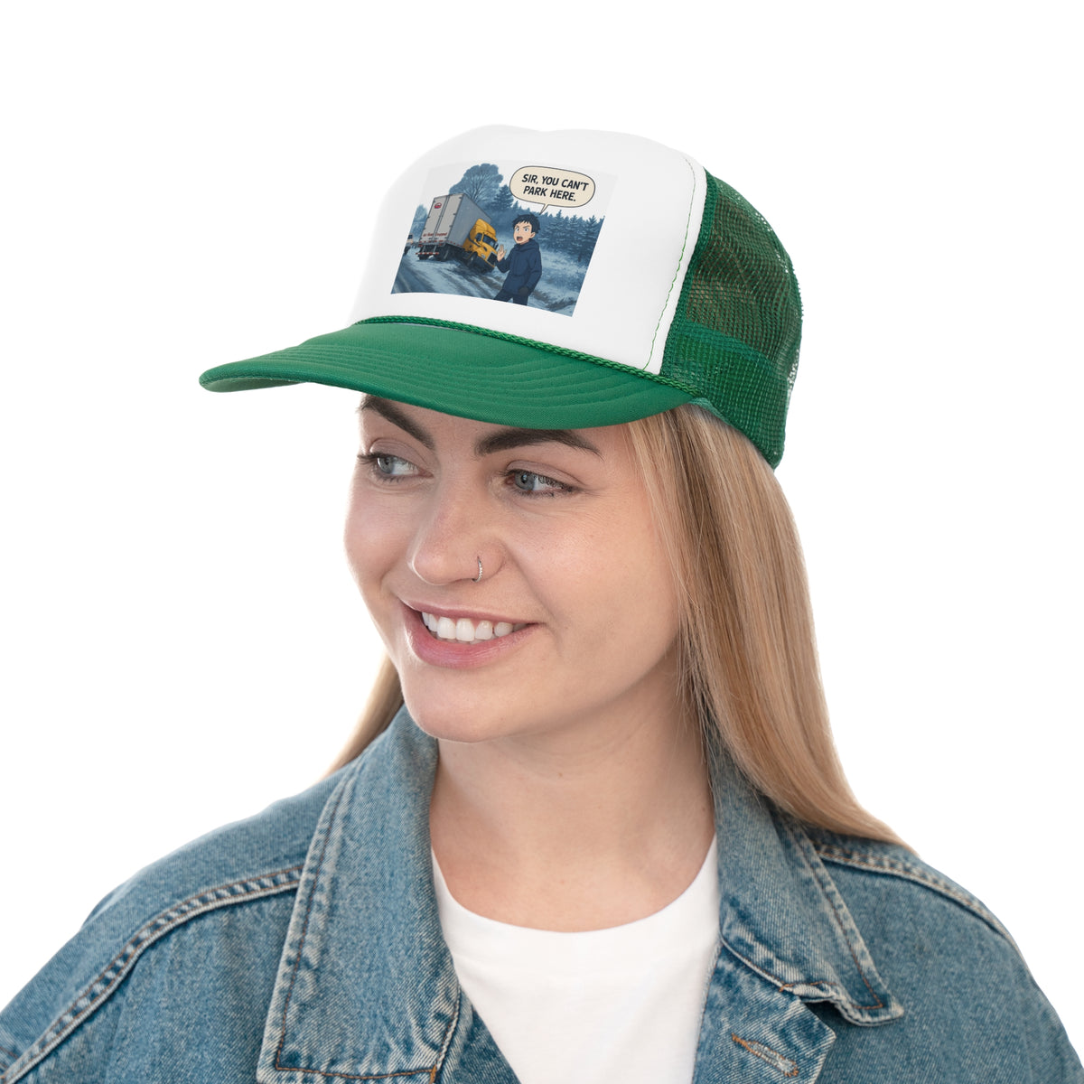 Black funny trucker cap with "Sir, You Can't Park Here" slogan, casual hat for truck lovers by Printify.