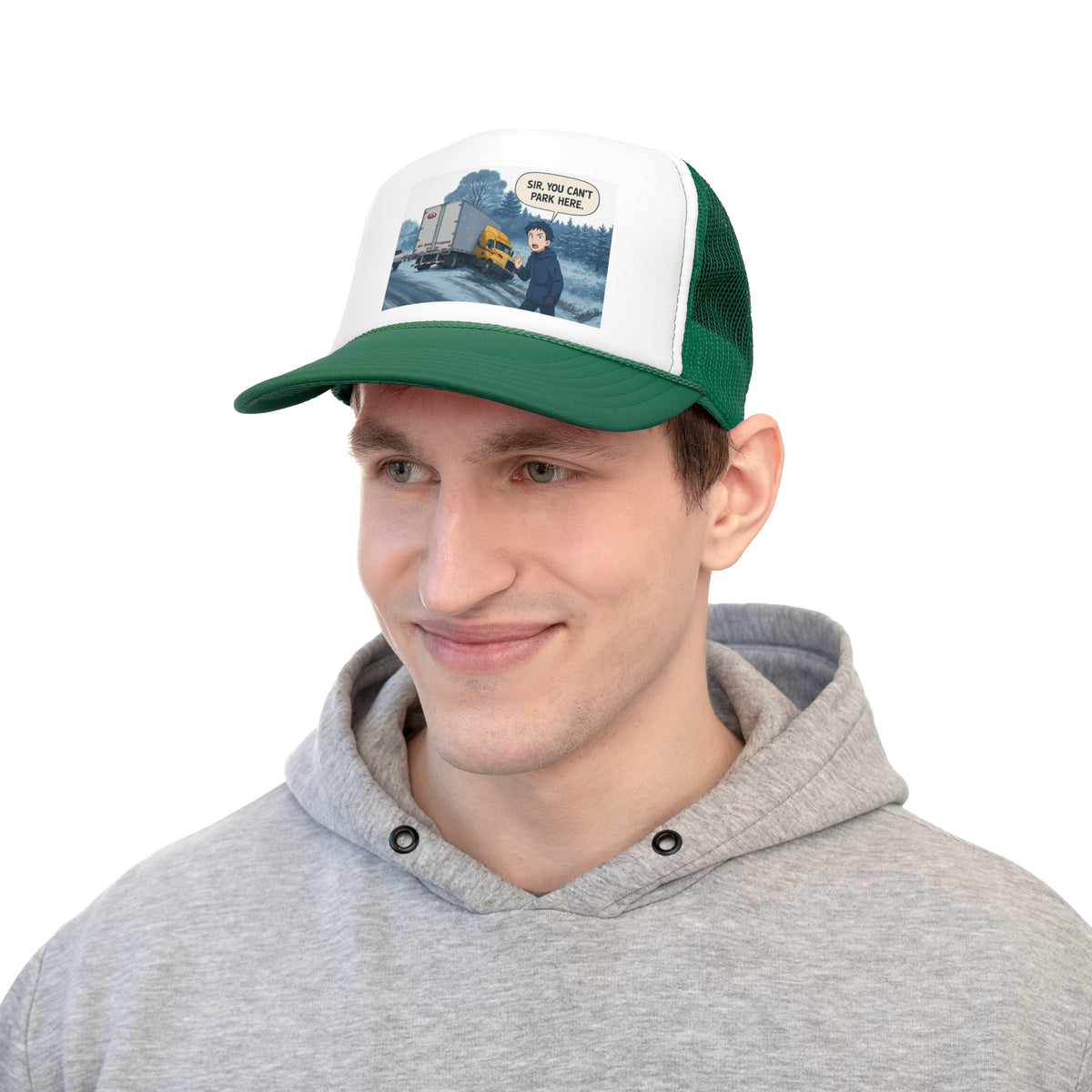 Black funny trucker cap with 'Sir, You Can't Park Here' slogan, featuring mesh back and adjustable strap, for truck lovers.
