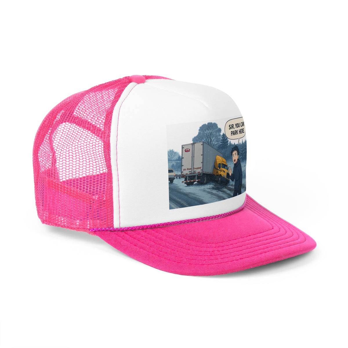 Black trucker cap with humorous "Sir, You Can't Park Here" slogan, designed for truck lovers and comedy hat enthusiasts.