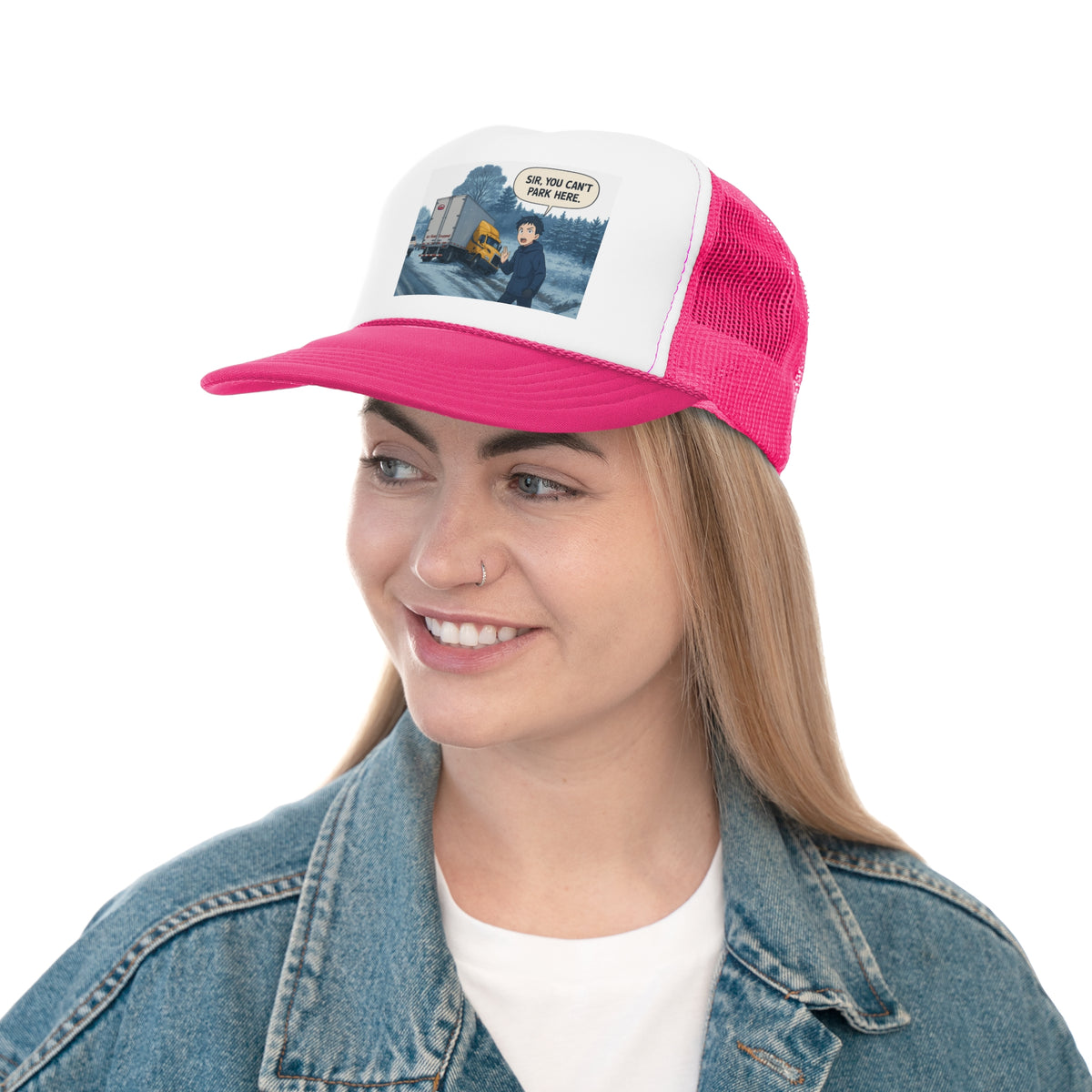 Black funny trucker cap with the slogan "Sir, You Can't Park Here" for truck lovers, featuring a classic trucker hat style.