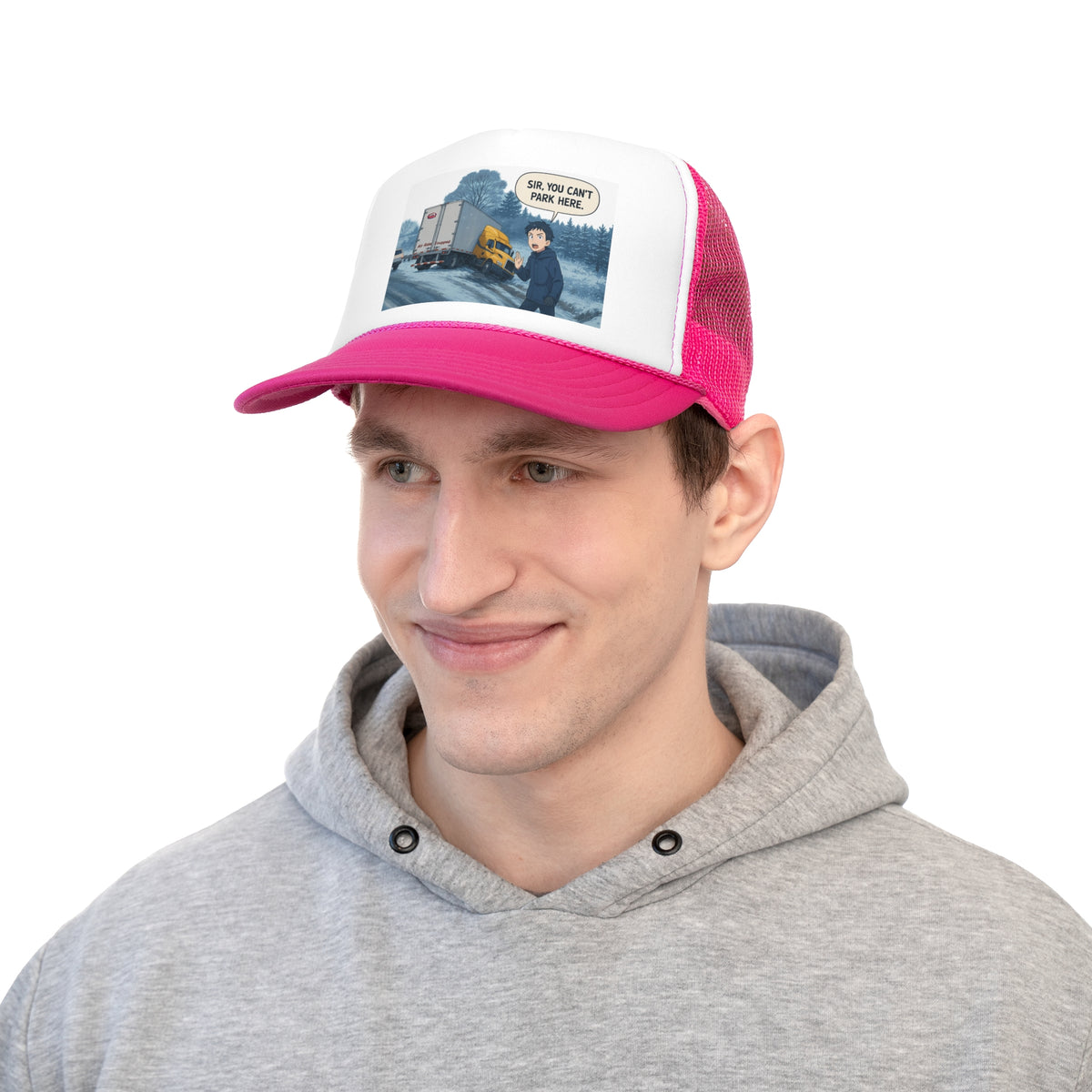 Black funny trucker cap with "Sir, You Can't Park Here" slogan, featuring a curved brim and adjustable strap for truck lovers.