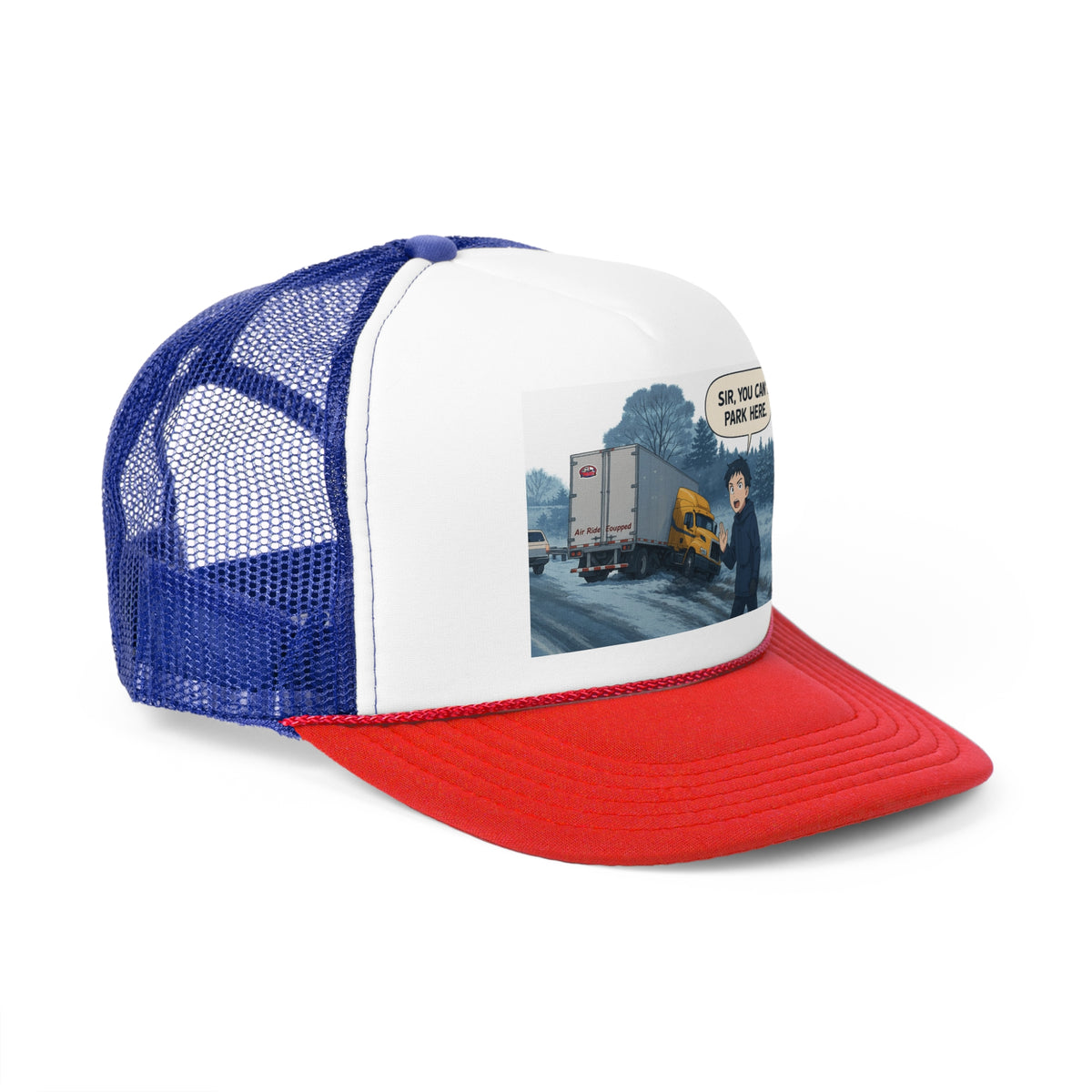 Black trucker cap with humorous "Sir, You Can't Park Here" slogan for truck lovers, featuring a mesh back and adjustable strap.