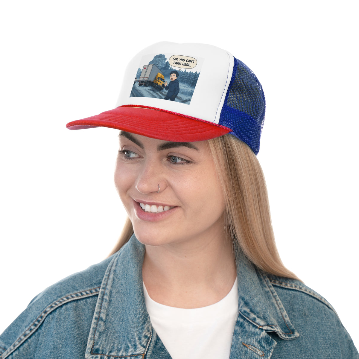 Black trucker cap with humorous "Sir, You Can't Park Here" slogan for truck lovers, featuring adjustable one-size-fit-all design.
