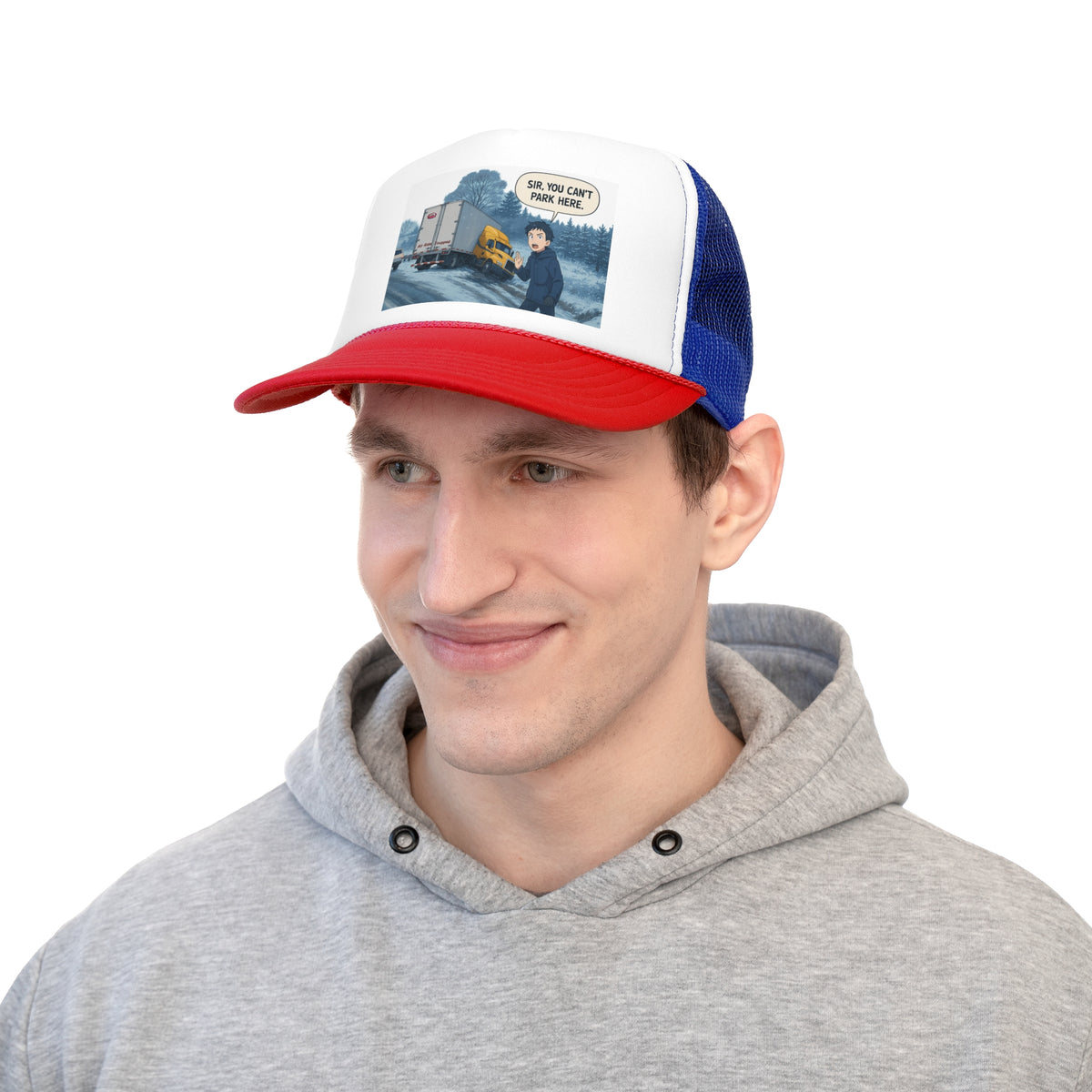 Black funny trucker cap with "Sir, You Can't Park Here" slogan, featuring a curved brim and mesh back for truck lovers.