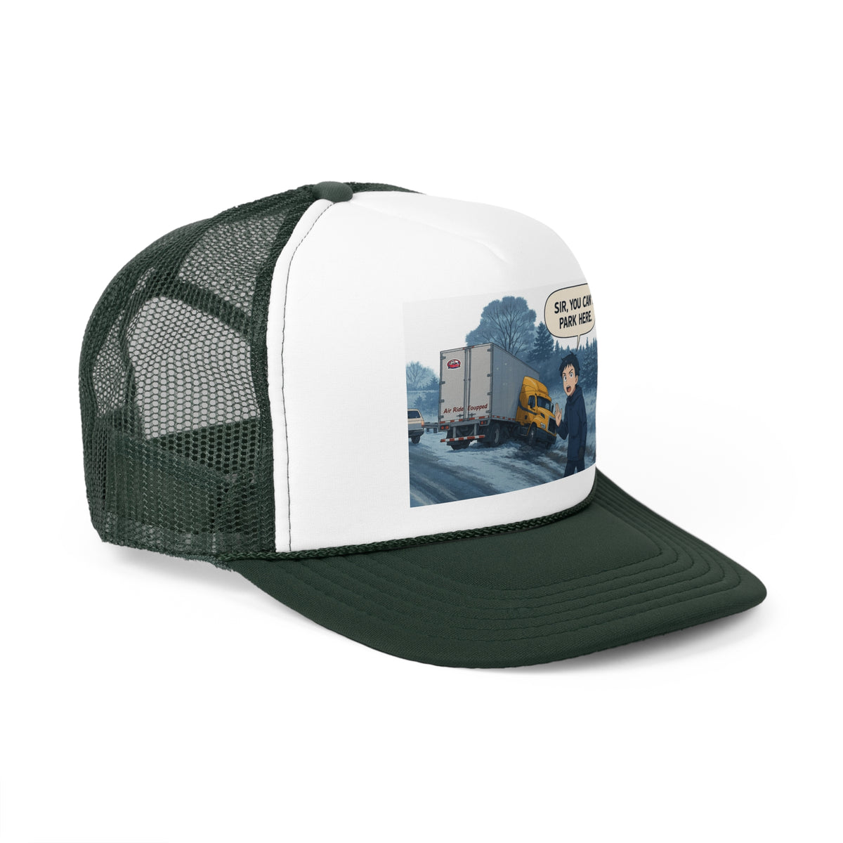 Black funny trucker cap with "Sir, You Can't Park Here" slogan, designed for truck lovers, by Printify.