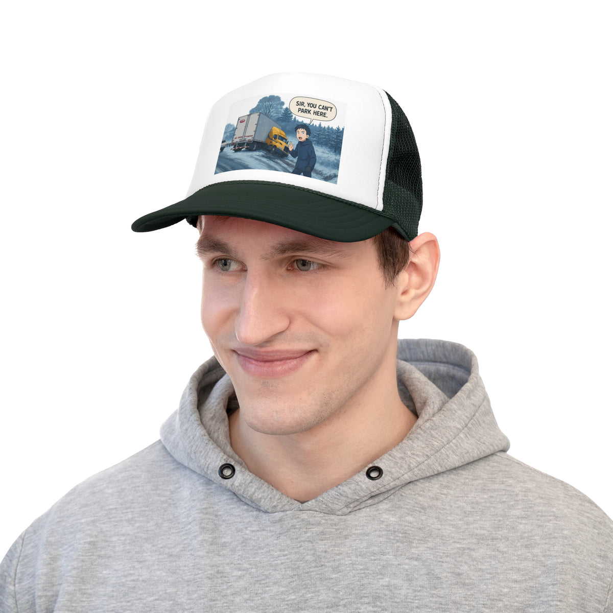 Black funny trucker cap with "Sir, You Can't Park Here" slogan, featuring a classic trucker hat style for truck lovers.