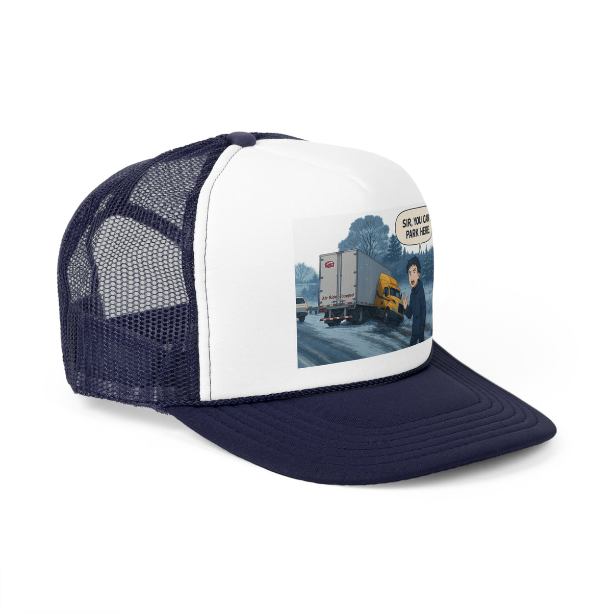 Black trucker cap with humorous "Sir, You Can't Park Here" slogan for truck lovers, featuring adjustable one-size fit.