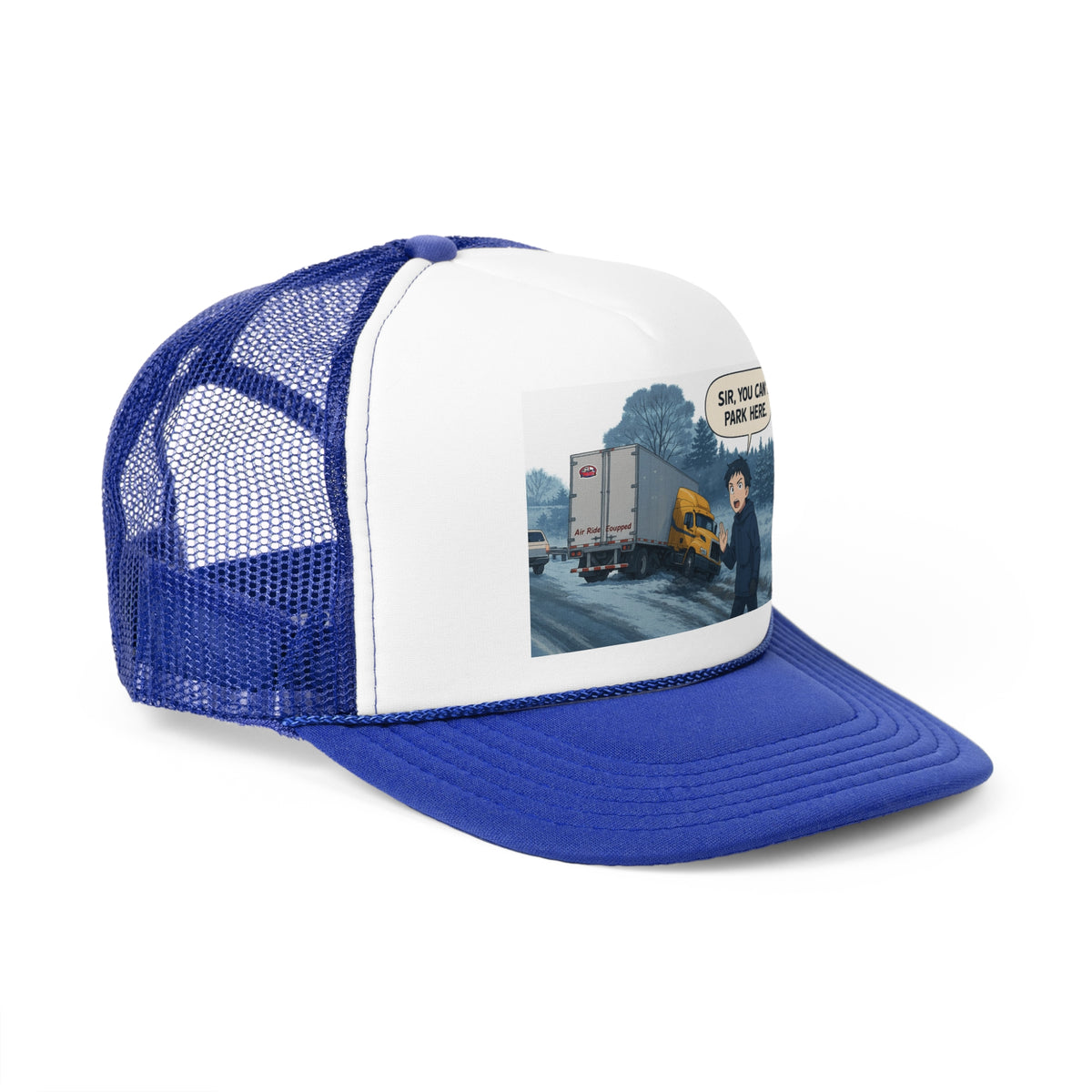 Black trucker cap with humorous "Sir, You Can't Park Here" slogan, featuring a curved brim and adjustable snapback for truck lovers.