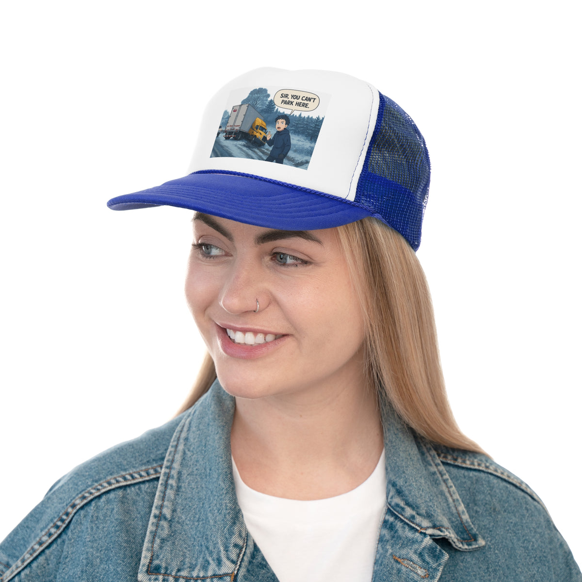 Black trucker cap with humorous 'Sir, You Can't Park Here' slogan, designed for truck lovers, by Printify.