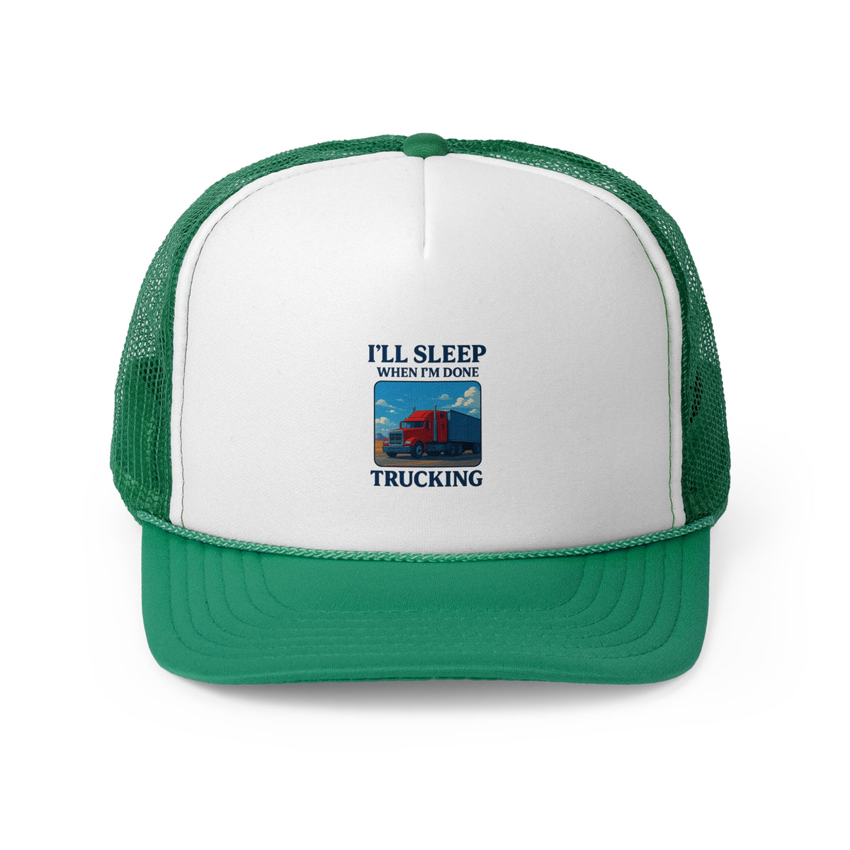 Black trucker cap with "I'll Sleep When I'm Done Trucking" slogan, designed for truck drivers, from Printify.