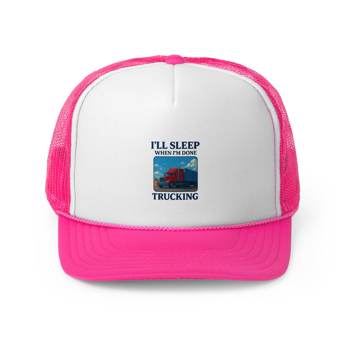 Black trucker cap with "I'll Sleep When I'm Done Trucking" slogan, stylish truck driver hat by Printify, adjustable one-size fit.
