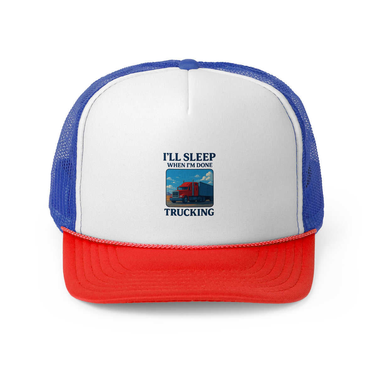Black trucker cap with embroidered "I'll Sleep When I'm Done Trucking" slogan, casual hat ideal for truck drivers.