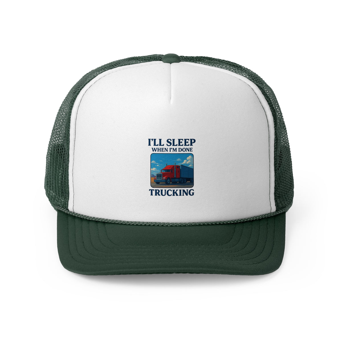 Black trucker cap with "I'll Sleep When I'm Done Trucking" slogan, adjustable one-size hat ideal for truck drivers.